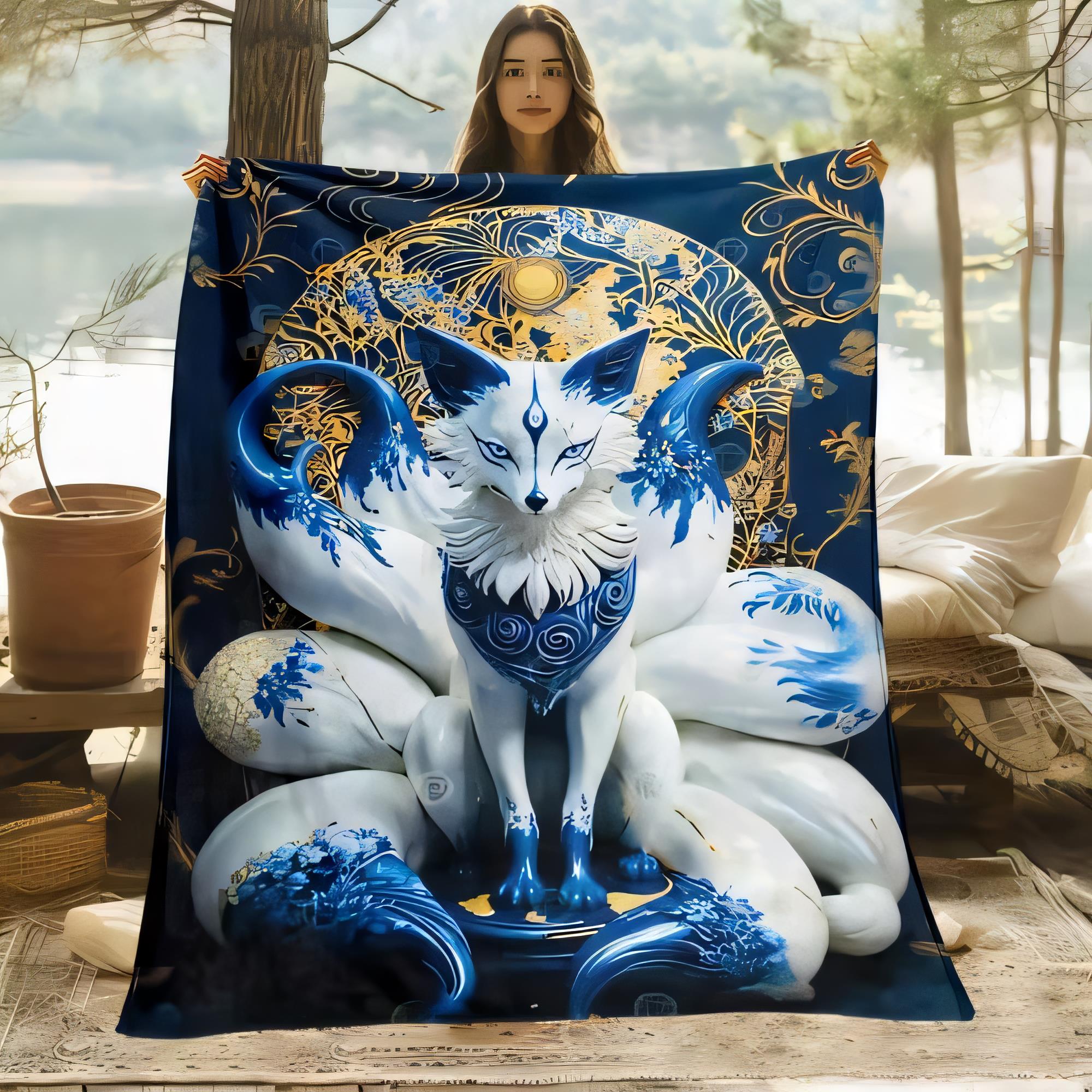 Beautiful Kitsune Blanket with Colorful Nine-Tailed Fox Design, Soft and Cozy Throw for Bed or Sofa, Ideal for Outdoor Picnics b 75cmx90cm