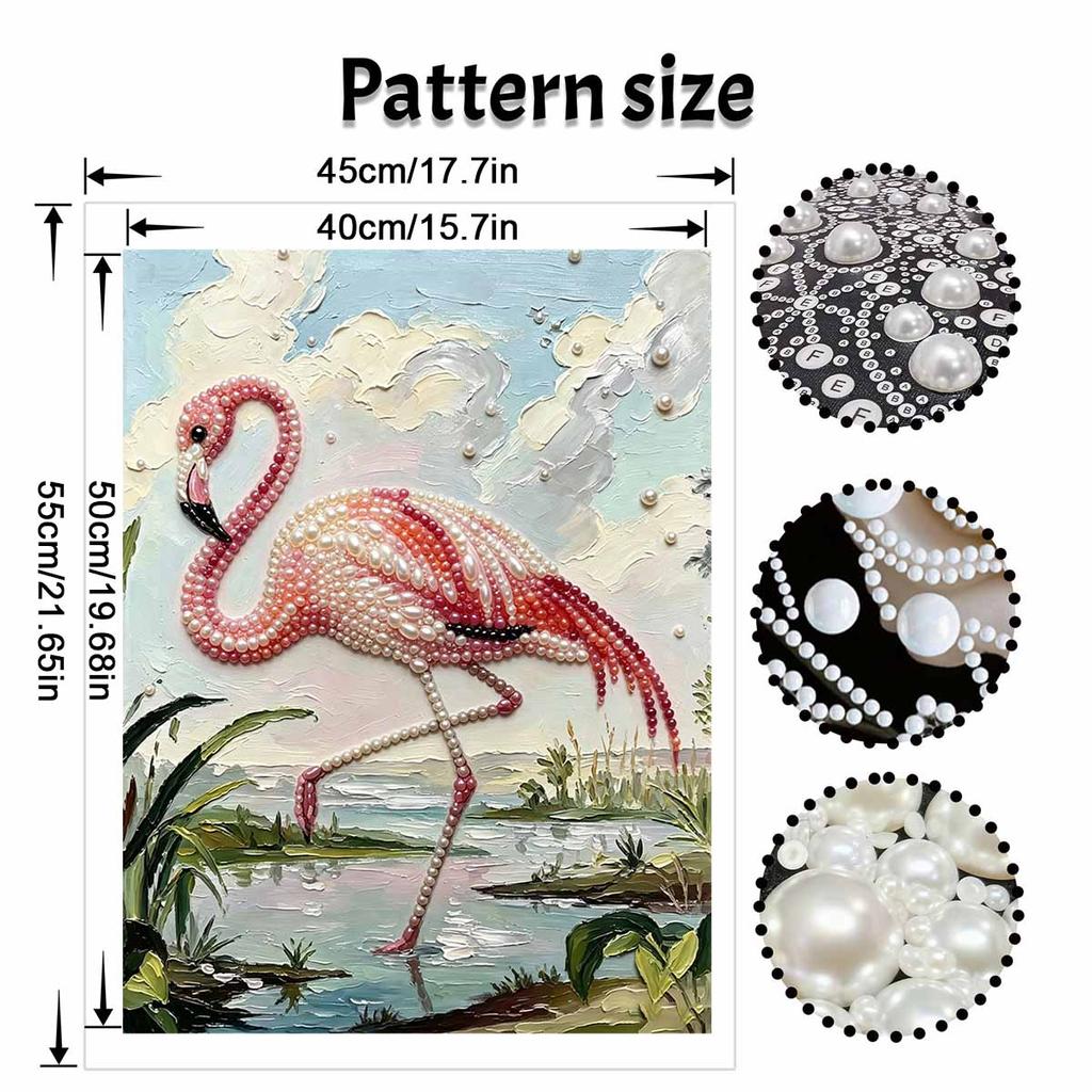 Pink Flamingo Pearl Art Painting with Frame Shiny Bead Canvas Creative Leisure Craft for Modern Wall Decor Gift Home Ornament Wall Art DIY