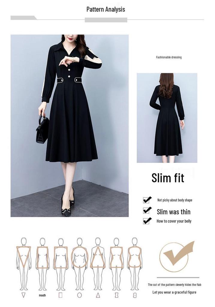 Elegant Color Block Patchwork Slim Fit Mid-Length Plus Size Long Sleeve Dress for Women - Spring/Autumn Collection