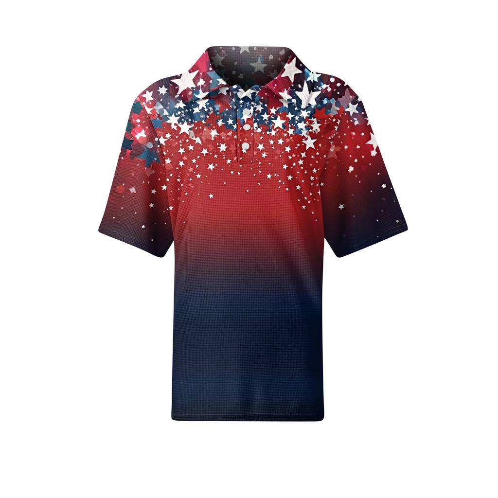 Women’s Casual Short Sleeve Knit Polo Shirt with Button Front and Independence Day Print for Everyday Wear