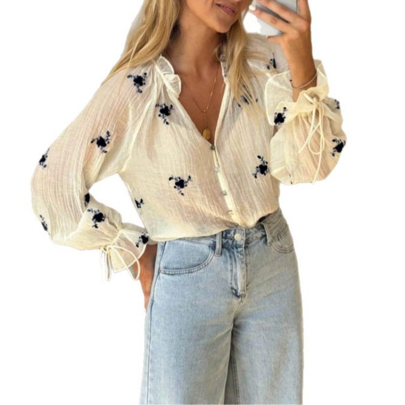 Women Embroidered Casual Elegant Ruffled Flared Loose Shirt