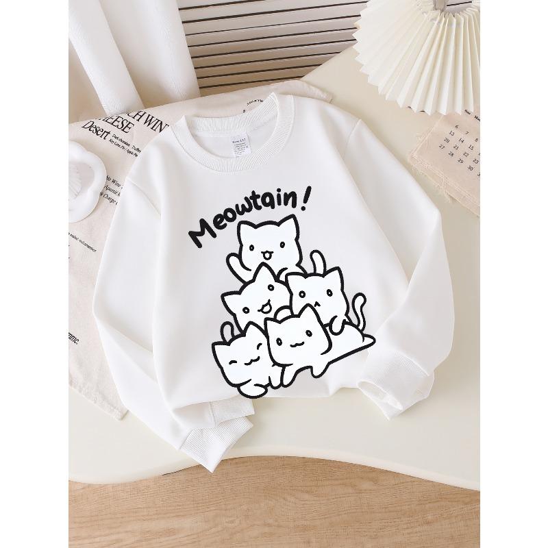 Girls Soft Crewneck SweatshirtCute White Cats Meowtain Print Design with Cute Creative Print, Casual All-Match for Fall Winter, Ideal Holiday Present