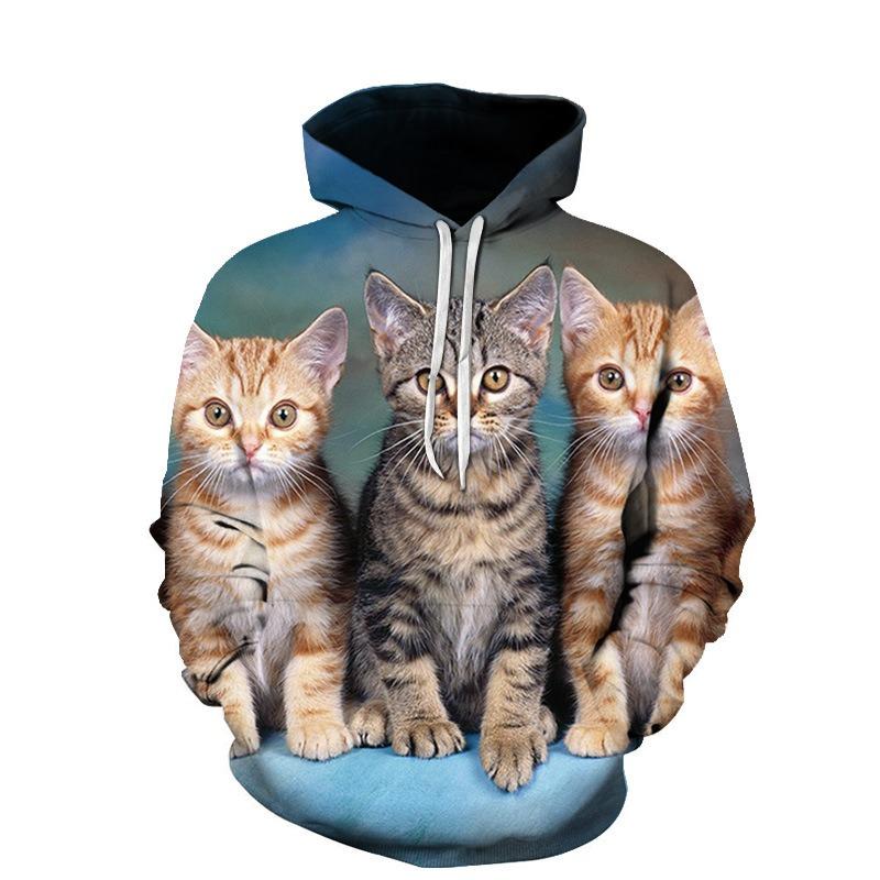 Autumn 3D Cute Cat Printed Hoodies Fashionable Casual Sports Long Sleeved Men's Hooded Sweatshirts