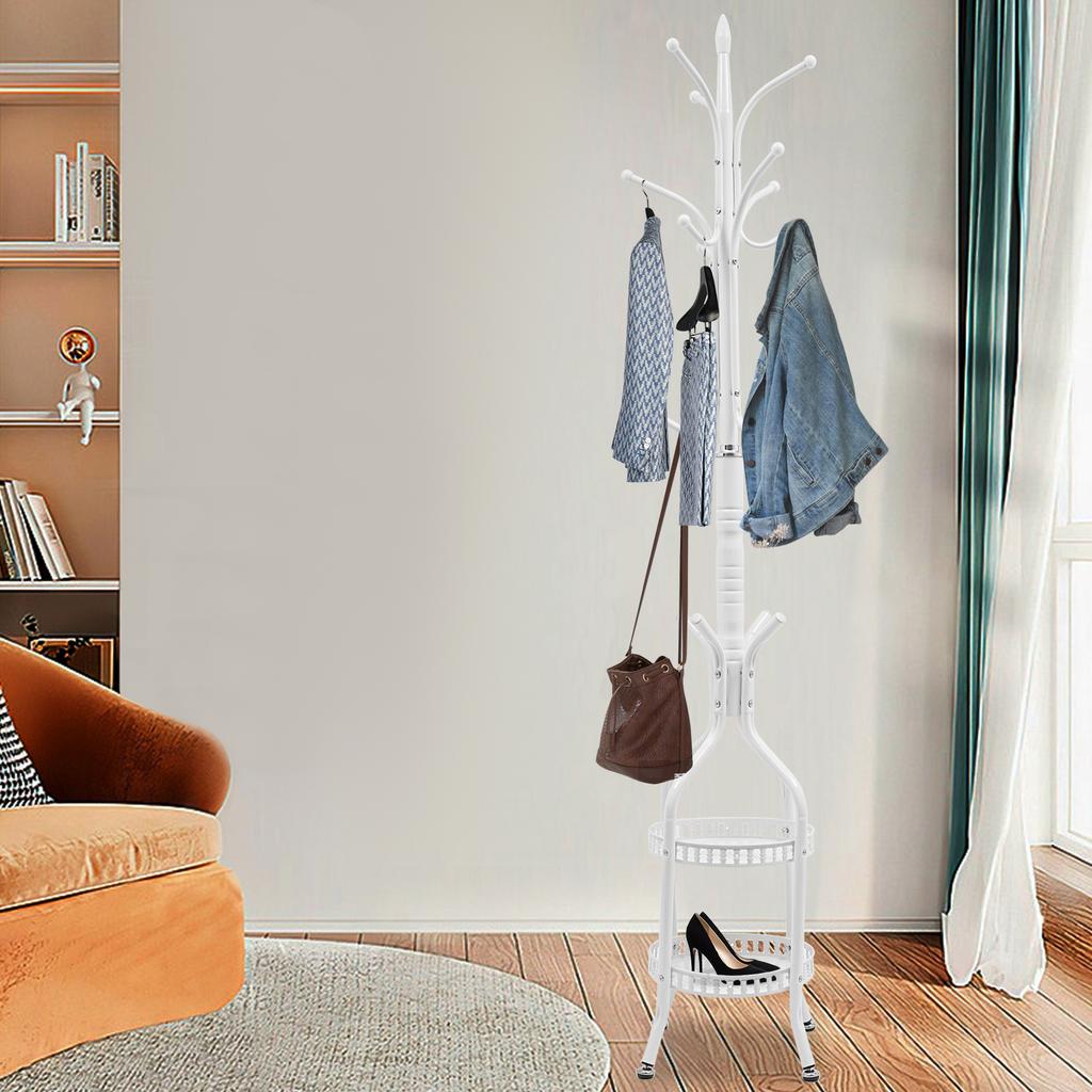 Double Layer Round Multi-functional Coat Rack, Iron White Freestanding Hanger Stand, Holds Up to 15kg for Living Room Bedroom