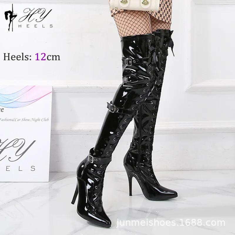Mirror Buckle 12cm Sexy Over-the-knee Boots Temperament Fashion Boots Nightclub Pole Dance Pointy Skinny Heels Tall Female
