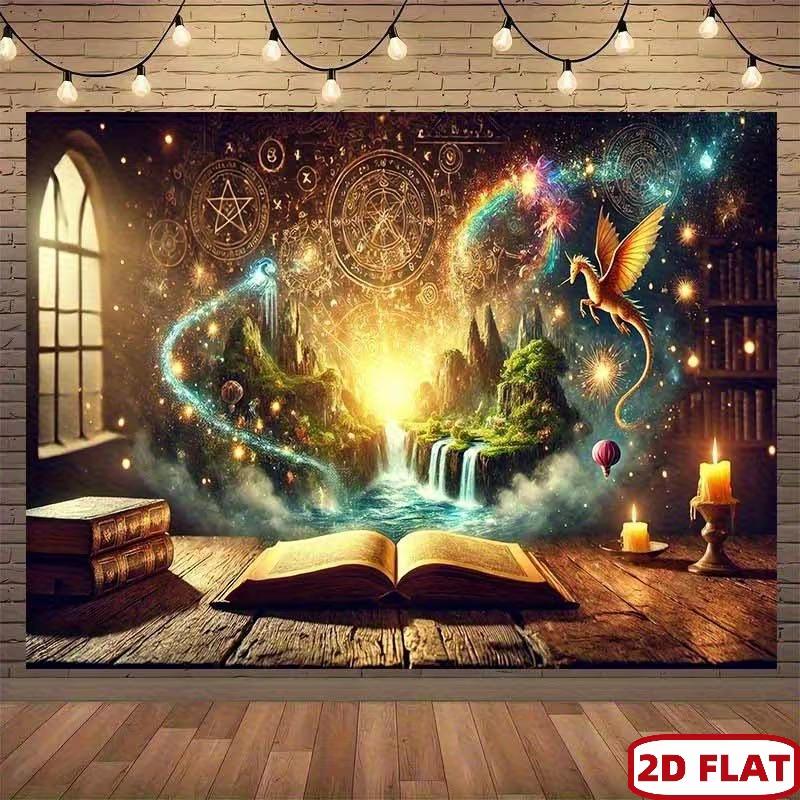 2D Fantasy Magic Book with Dragon & Enchanted Waterfall Themed Backdrop 47.2x31.5inch/120*80cm