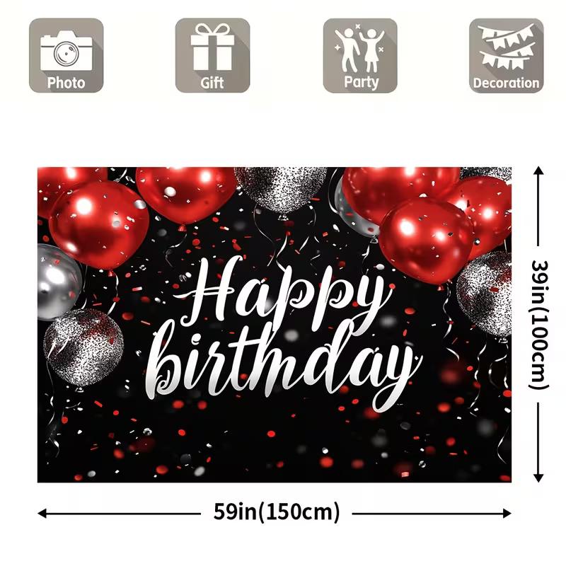 2D Red Silver Balloon Birthday Backdrop, Black Background with Confetti for Events
