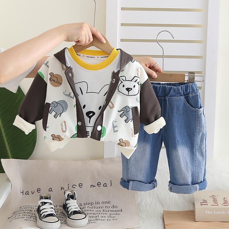 Boys' long sleeved 3-piece set, Children's hooded animal print jacket+cartoon T-shirt+casual denim pants, cute baby clothes