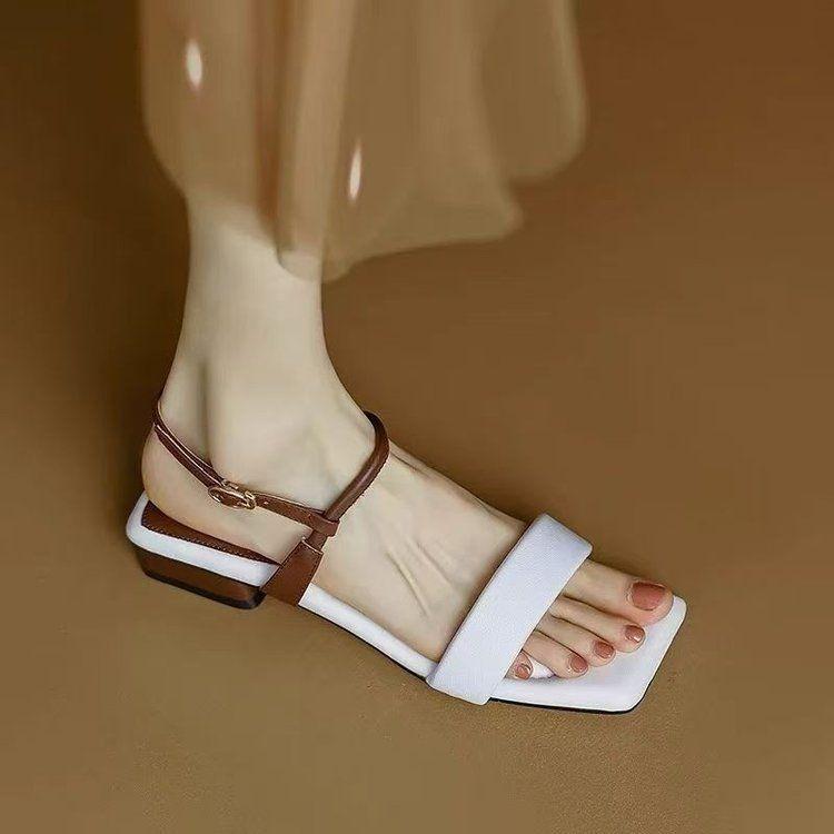 2025 new summer square head low heel with sandals fairy wind jue son thick heel soft sole design sense