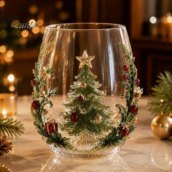 Weihnachts-Glasbecher 3D Tumbler, Mit Santa, Schneemann, Baum Skulpturierter Becher, Kreatives Skulpturales Dekoratives Feiertags-Trinkgeschirr, Festliches Geschenk für Party-Trinkgeschirr