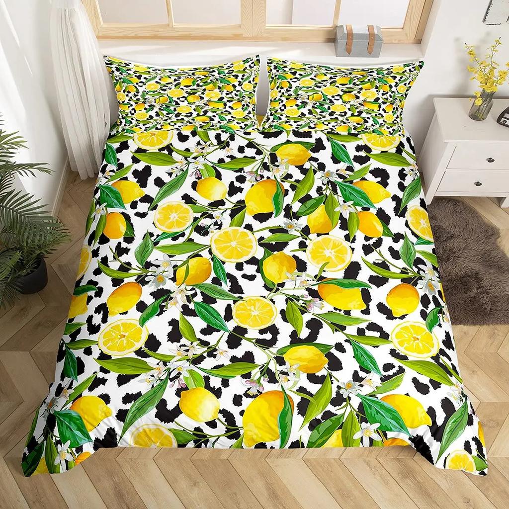 Lemon Duvet Cover Set,Bedding Set 3pcs for Teens Room,Botanical Natural Bright Yellow and Black Quilt Cover with 2 Pillowcases