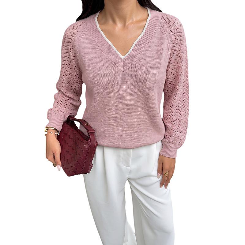 Autumn 2026 Pink Color Block V-neck Pullover: French Relaxed Fit, Hollow Design, Long Sleeve Sweater.