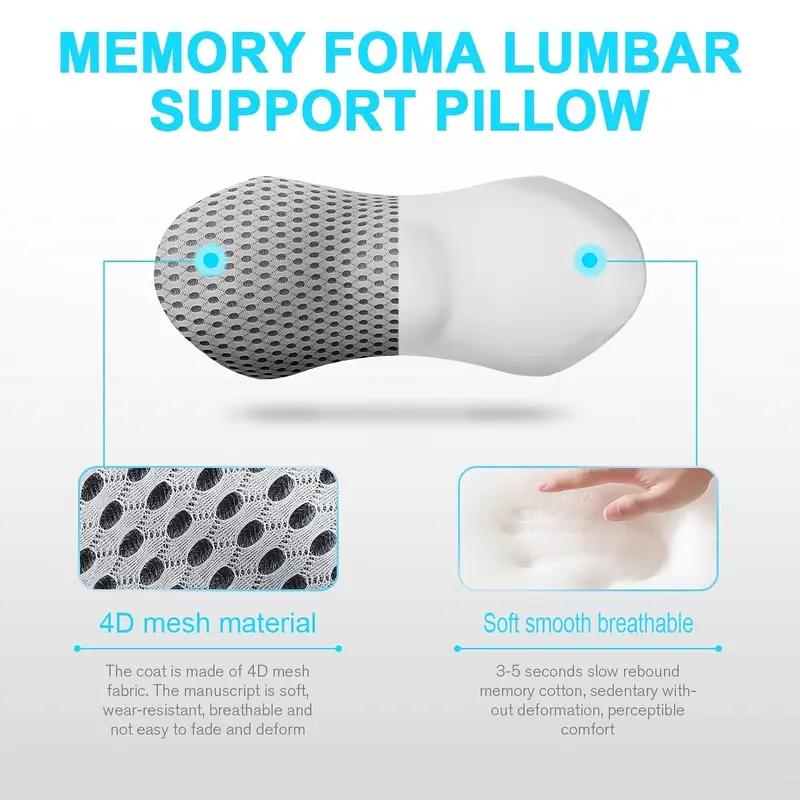 Ergonomic Memory Foam Lumbar Pillow for Back - Medium Soft Knit Fabric Cover, Removable, Ideal for Car Seat, Office Chair
