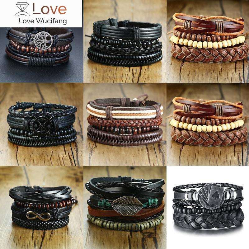 

Vnox 4 шт. / комплект плетеные кожаные браслеты для мужчин винтажные бусины в виде руля жизни этнические племенные браслеты