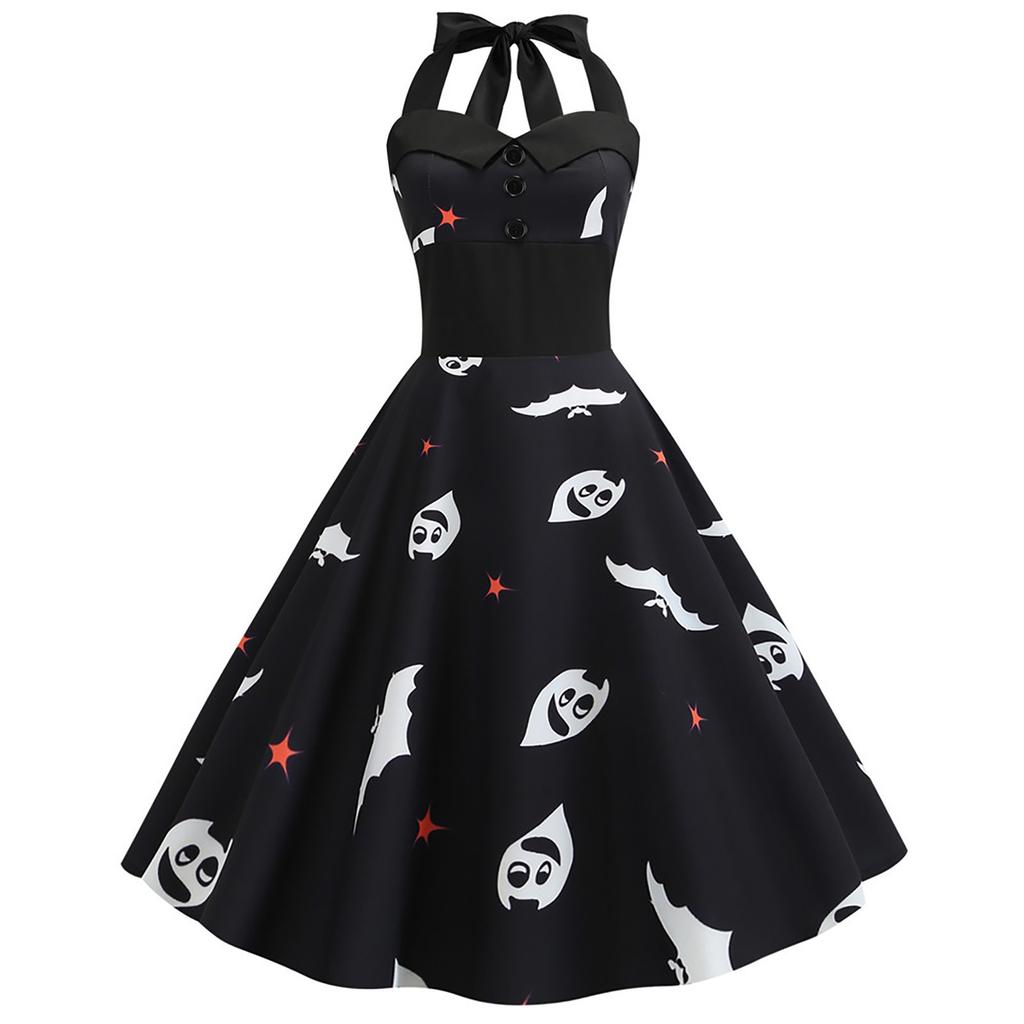 Women Casual Fashion Sleeveless V-neck Button Printed Halloween Dress