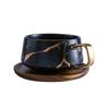 Japanese Ceramic Tea Cup: Matte Gold Marble & Black Pattern with Wooden Saucer