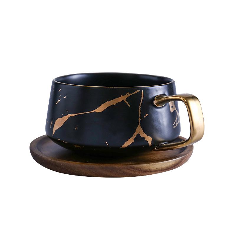 Japanese Ceramic Tea Cup: Matte Gold Marble & Black Pattern with Wooden Saucer