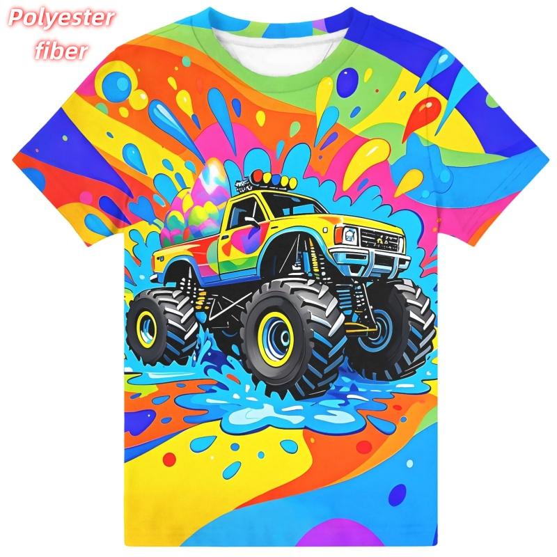 3D Print Dinosaur Car T-Shirt For Men Colorful Planet Pattern Tees Summer Street Casual Short Sleeve Tops Loose O-Neck T Shirts