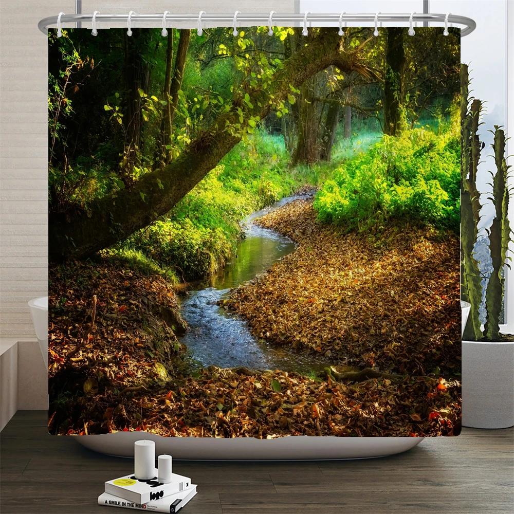 Wald Naturlandschaft Duschvorhänge Hochwertiger wasserdichter Duschvorhang Baumlandschaft Badezimmervorhang Polyesterstoff