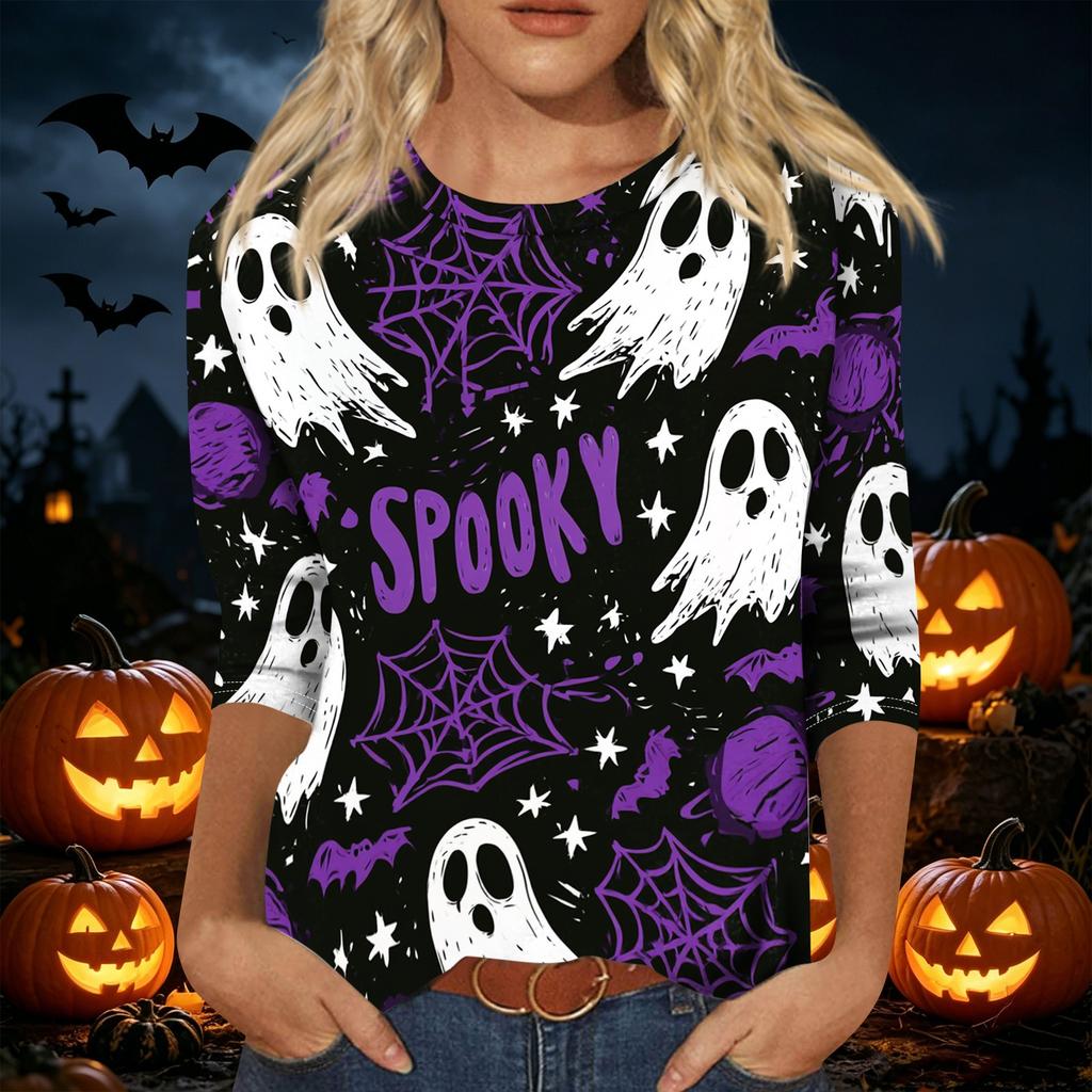 Women's Casual 3/4 Sleeve Halloween Print Pullover Top Crew Neck Lightweight Fall Shirt