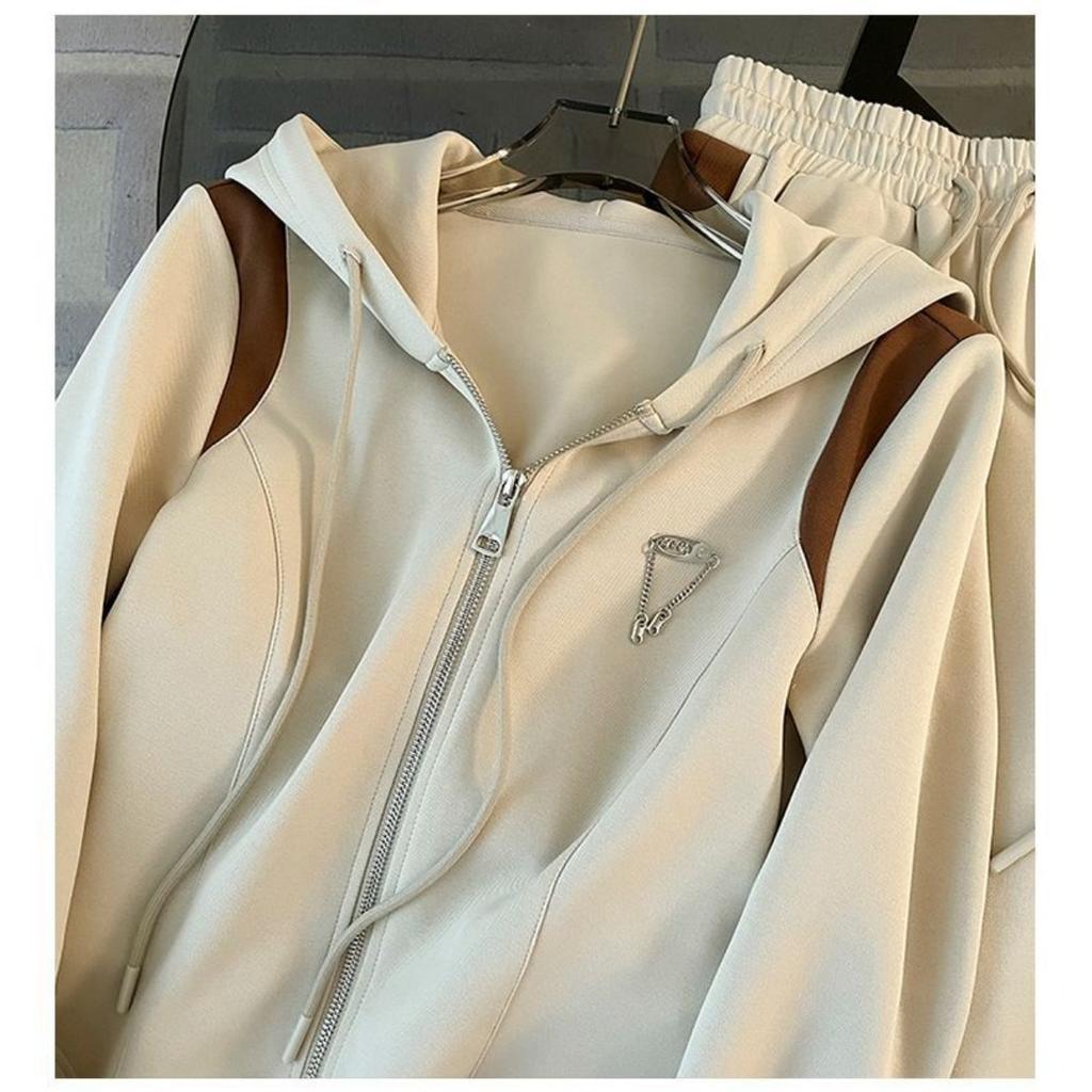 Neformální, Sportovní souprava, Dámská, Kontrastní barvy, Mikina s kapucí, Kalhoty se širokými nohavicemi, Dvoudílná sada