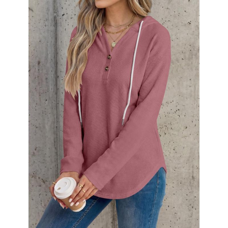 Womens Loose Drawstring Waffle Hooded Long Sleeve Casual Sweatshirt