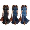 Women Denim Dress, Mesh Patchwork Mock Neck Jeans Midi Dress, Short Sleeve Cutout A-Line Swing Dress