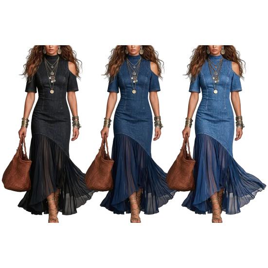 Women Denim Dress, Mesh Patchwork Mock Neck Jeans Midi Dress, Short Sleeve Cutout A-Line Swing Dress