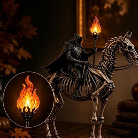 Unique Holiday Desk Ornament Lighted Headless Horseman Resin Figurine, Gothic Halloween Statue with LED Warm Glow, Hooded Style Home Accessory