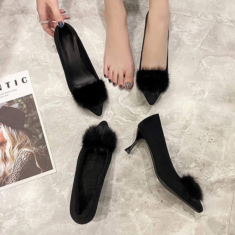 Women's Fashionable Furry Stiletto Heels - Comfortable, Versatile, Pointed-Toe High Heels for Autumn/Winter.