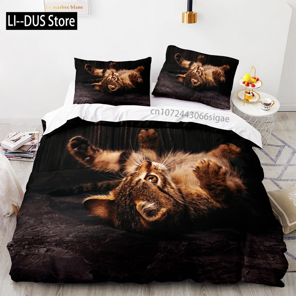 Svart katt Sängkläder Set Enkel Tvilling Full Queen King Size Söt katt Sängset Vuxen Barn Sovrum Påslakan Set 3D-tryck Husdjur 048