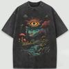 Camiseta Retrô Cogumelo Olho Trippy Masculina Feminina Preta Lavada Oversized Casual Streetwear Tops Gráficos Psicodélicos