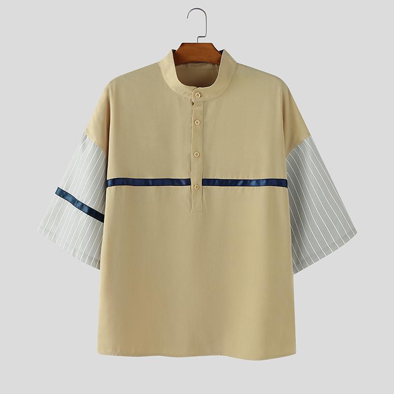 INCERUN Oversized Men Casual Loose Half Sleeve Stitching Striped Shirts