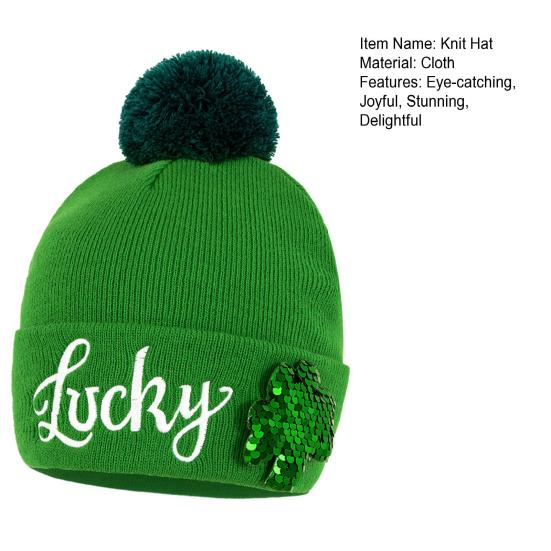 St. Patrick's Day Shamrock Hat Irish Cuffed Pom Knit Hat Green Sequins Clover Skull Cap for Women Men Party Costume Accessory