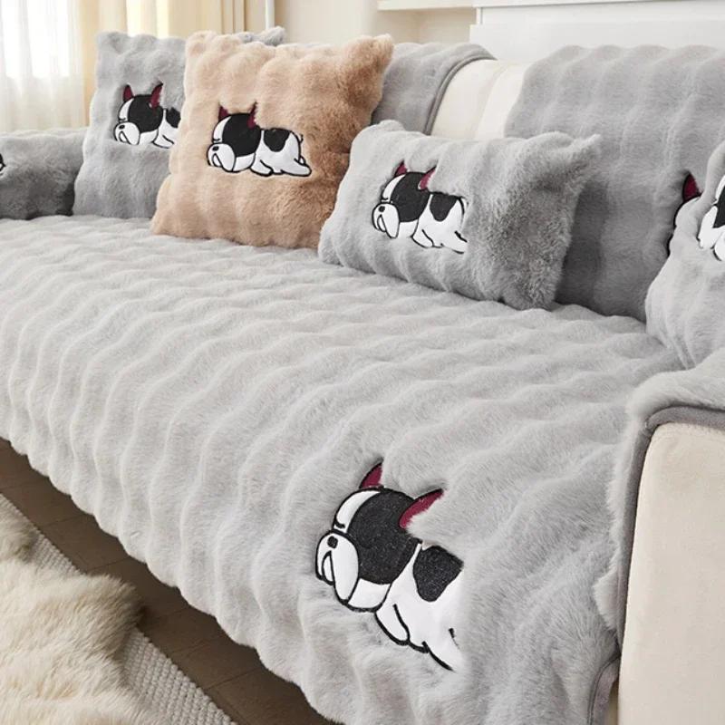 Plush Rabbit Sofa Cover Cloth Towel Winter Thickened Solid Color Sofa Cushion Autumn Winter Anti-Slip Couch Cover Seat Cushion Pad