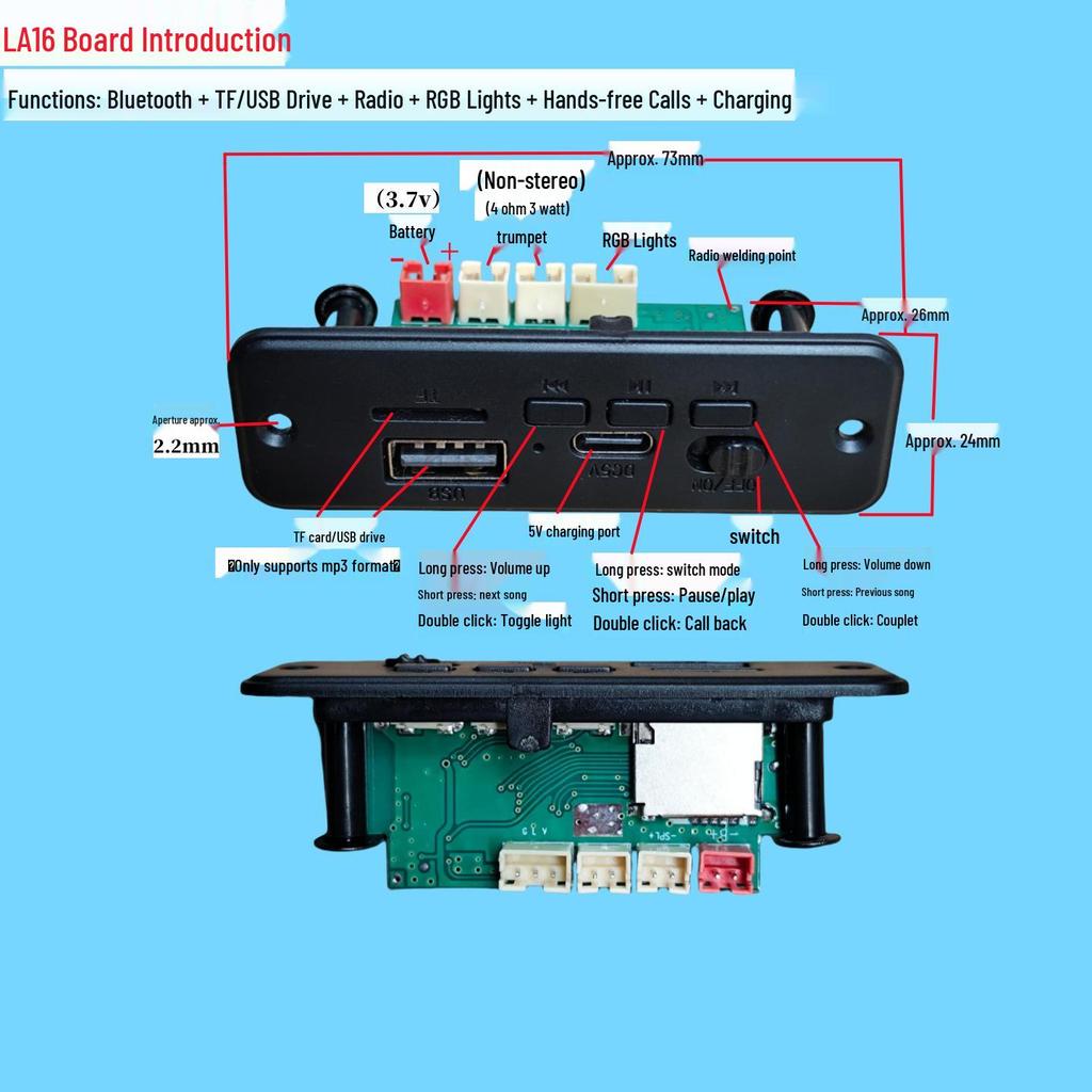 Solderless Bluetooth Speaker Board with Colorful Lights: DIY Electronic Circuit Kit with MP3 Decoding & Amplifier Panel