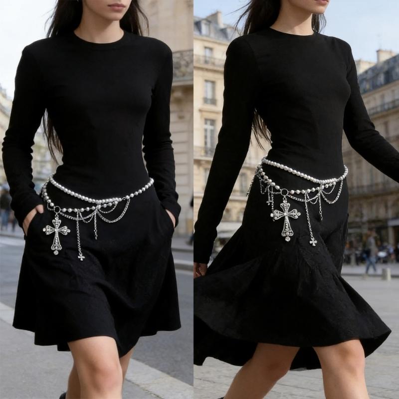 Edgy Crosses Design Pearls Chain Waist Chain For Punk Rock Concerts And Casual Streetwear