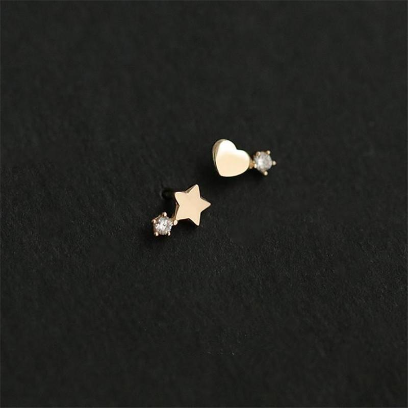 Playful Heart Star Solitaire Zircon Asymmetric Stud Earrings for Women 925 Sterling Silver 14k Gold Plated Earrings Jewelry Gold