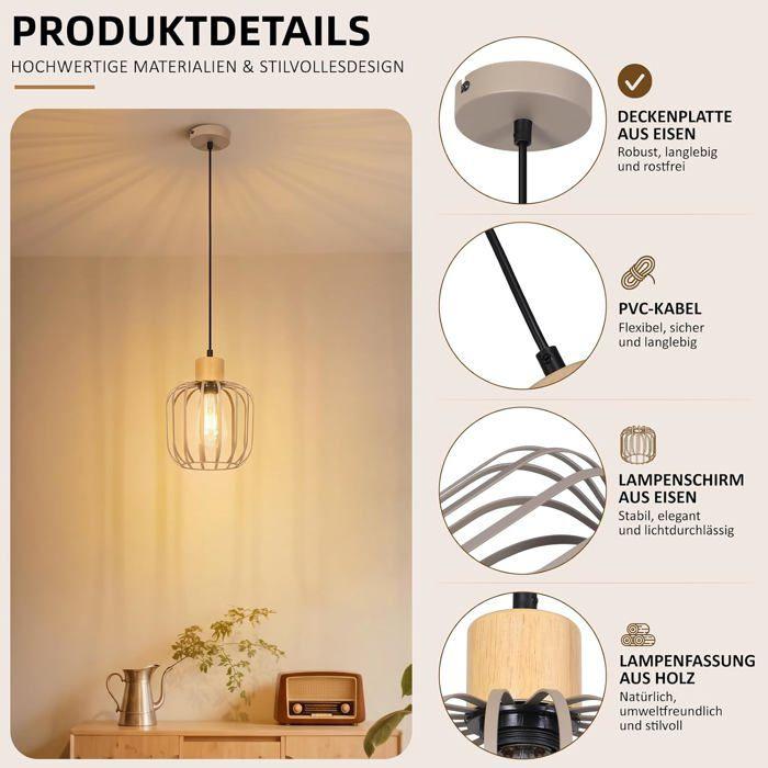 NETTLIFE Lustre une seule ampoule douille E27 en bois gris style moderne (ampoule non incluse)