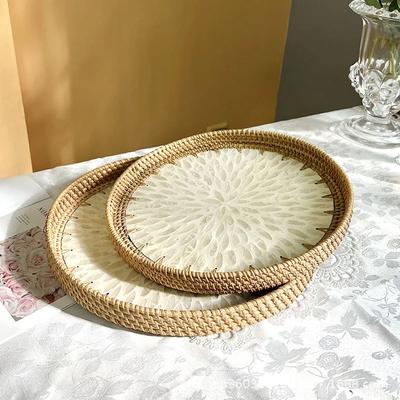 Korean Rattan Fruit Basket Round Shell Tray Home Creative Snack Storage Basket Entrance Miscellaneous Key Storage Tray Organizer