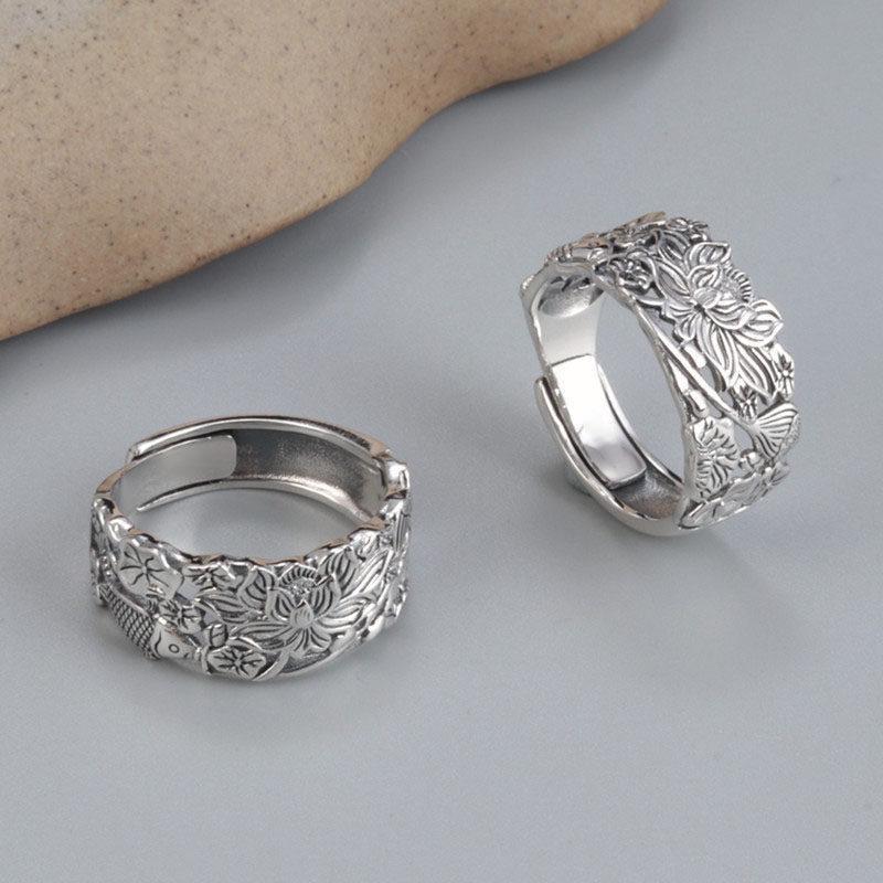 Women s Retro Koi Lotus Leaf Silver Open Ring