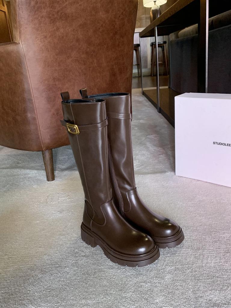 Coarse Heel High Boots 25 Autumn and Winter Boots Fasteners Thick-soled Round Head But Knee Soft Leather Flat Bottom Cigarette Martin Boots Women