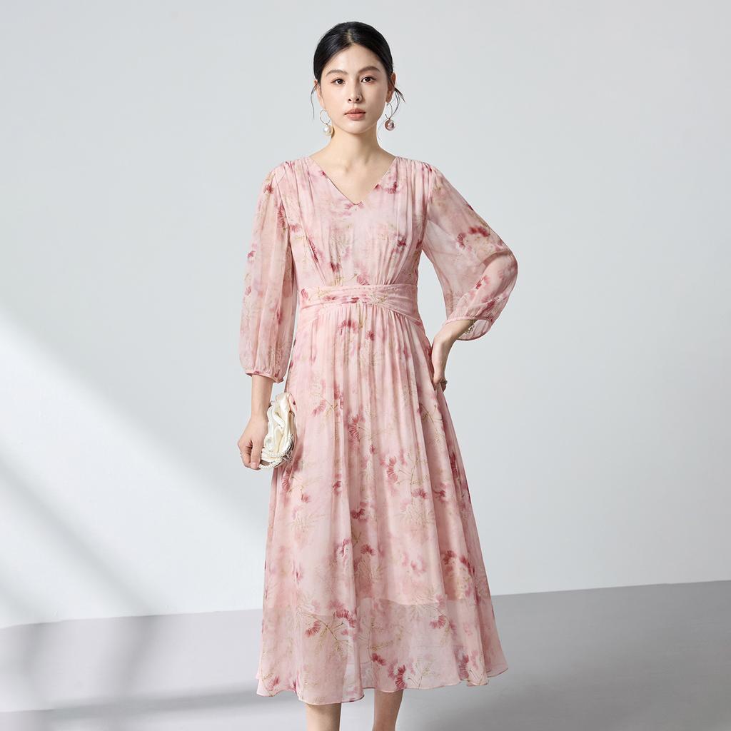 Mulberry silk dress women's summer silk floral slim and thin flower language georgette French long dress temperament young