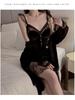 Gorgeous Lace See-Through Deep V Velvet Nightgown & Robe Set with Padding - Sweet Temptation 3908