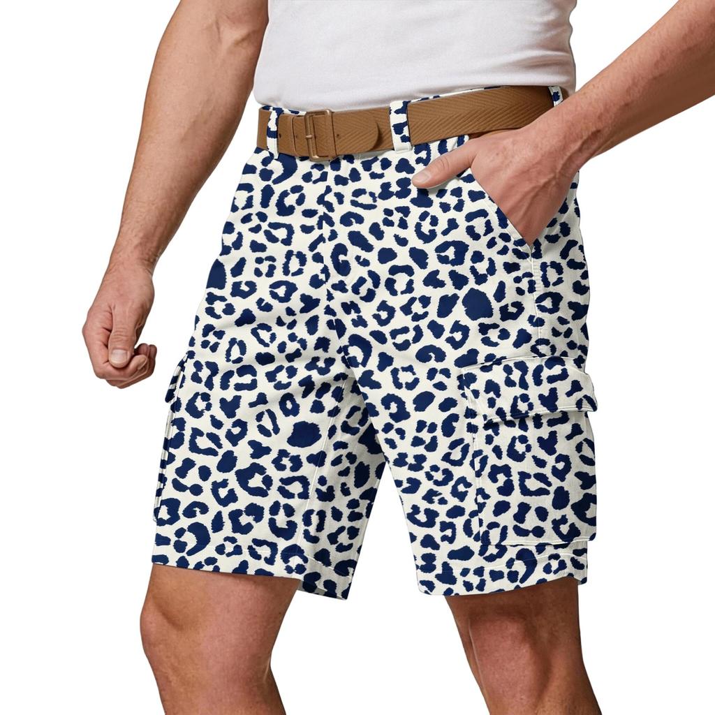 Men’s Casual Multi Pocket Cargo Shorts with Leopard Print Pattern Relaxed Fit Outdoor Athletic Shorts