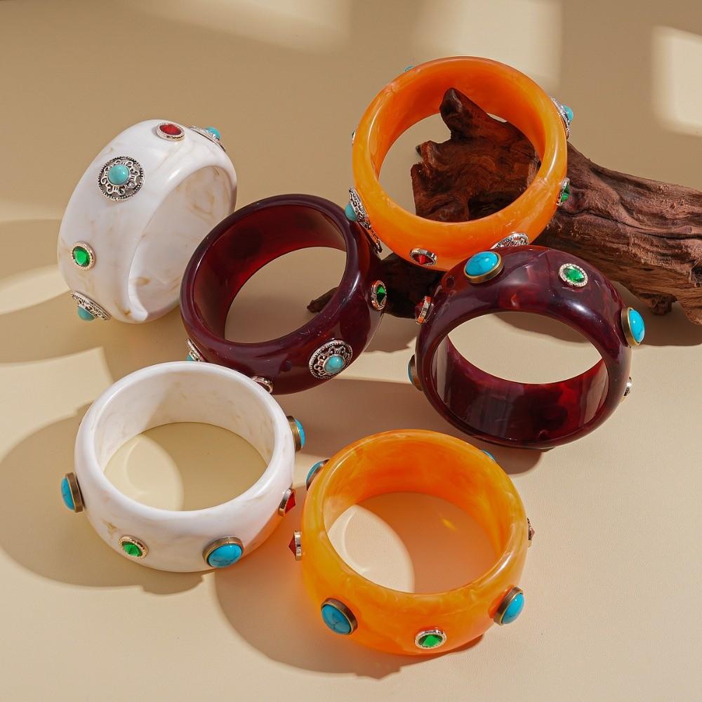 Bohemian Acrylic Rhinestone Bangle Wide Retro Hand Ring Turquoise Acrylic Bracelet  Lady Girls