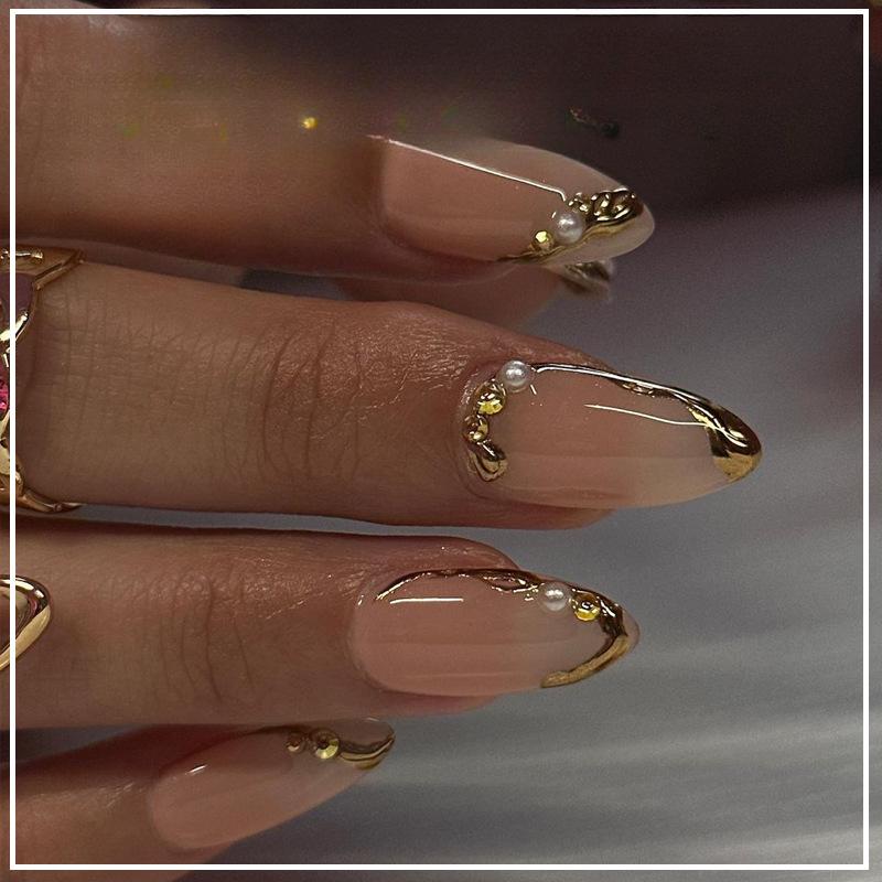 24Pcs Metallic Cat Eye French Sheer 3D Textured Almond Medium Nude Pink Press On Fake Nails