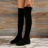 Black Fashion Casual Over The Knee Boots Winter Short Plush Long Boots Classics Flock Low Heel Rear Lace Up Women Shoes Size 43