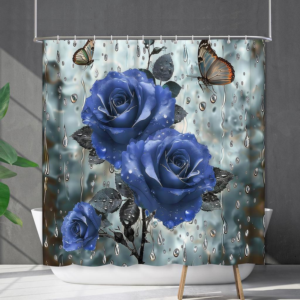 Bathroom Curtain Waterproof Shower Curtain Digital Printing Water Droplets Plant Diffuse Non-Punching Toilet Partition Curtain Shower Cloth