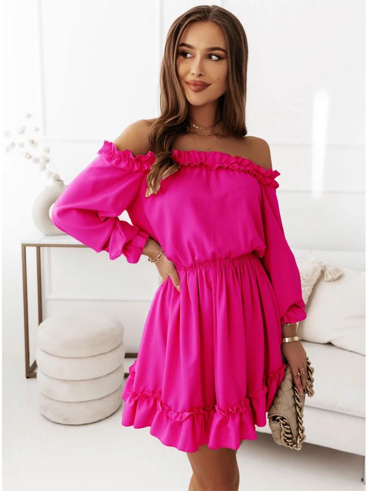 2022 Spring/Summer Women's Off-the-Shoulder Casual Solid Color Waist-Gathering Dress